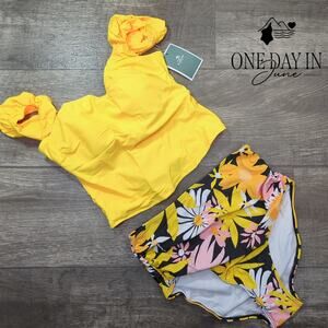 Eomenie Ruffle Shoulder Twist Back Bikini Swimsuit Size S